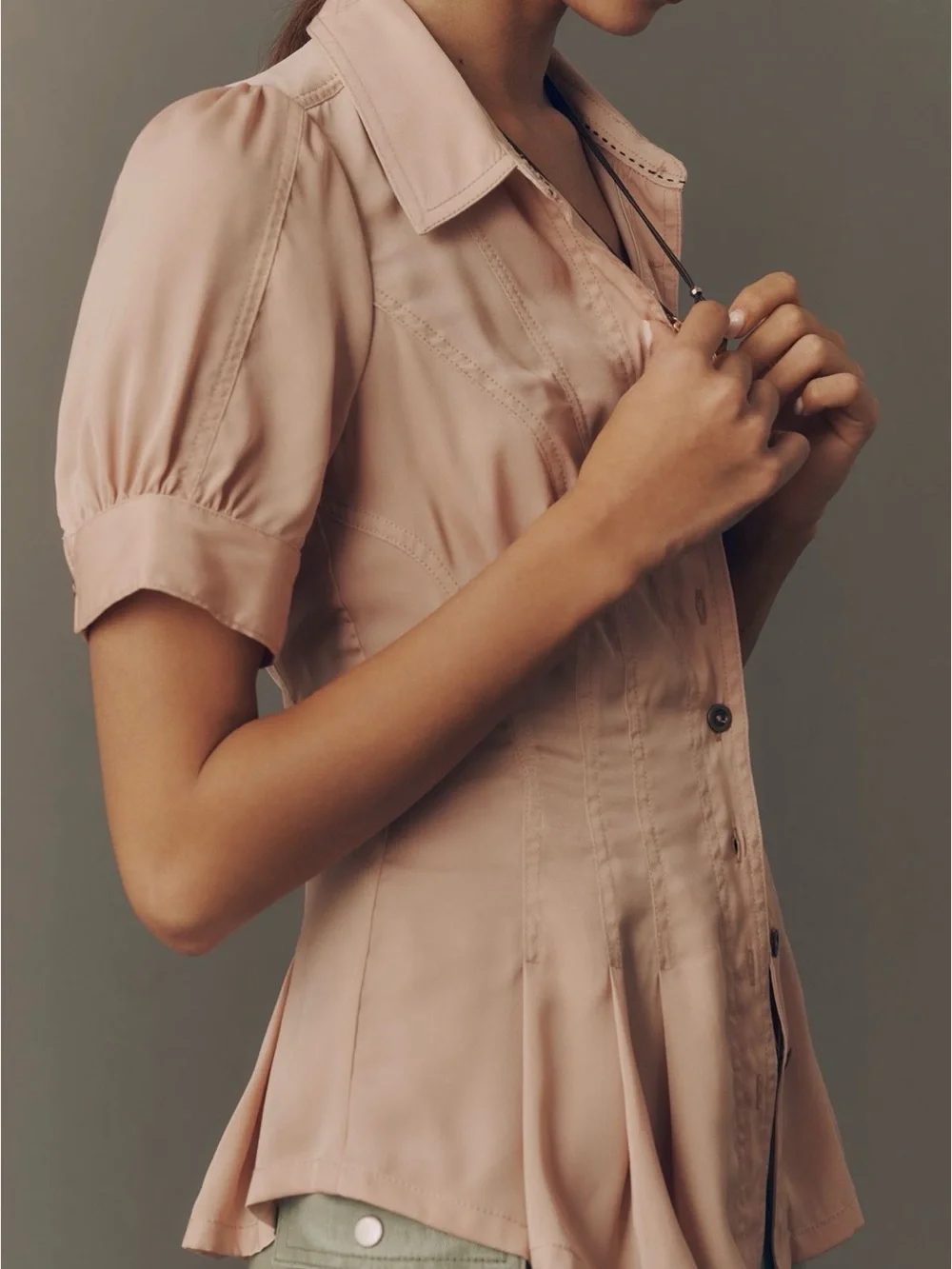 Anthropologie Blush Pink Button-Down Peplum Shirt - Picture 2 of 9